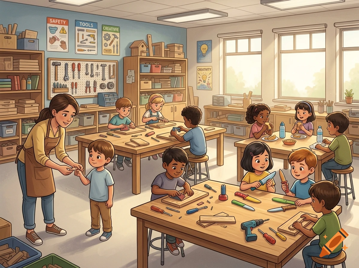 Digital illustration of a children's woodworking classroom with a teacher helping a student, tables with tools and kids eating.
