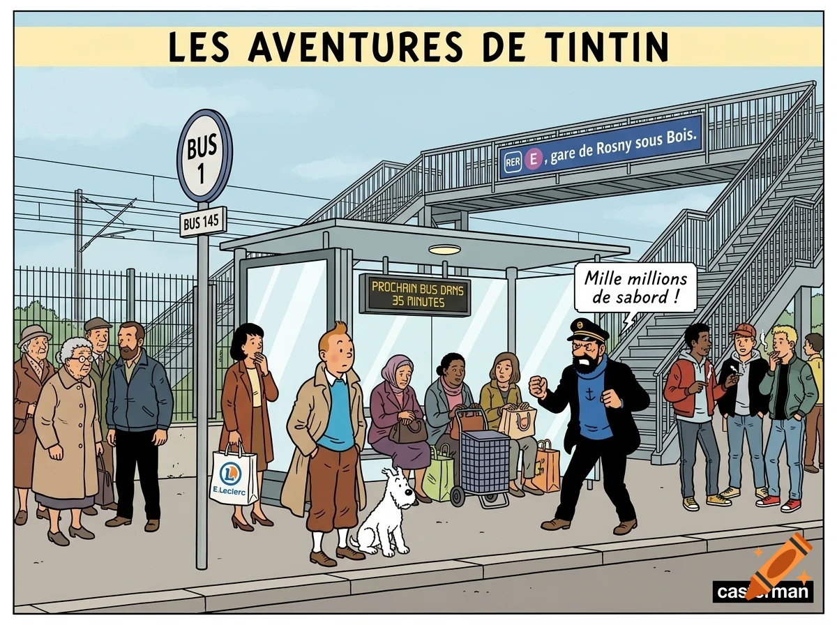 Comic illustration in Ligne Claire style depicting Tintin, Captain Haddock, and Snowy at a bus stop with a crowd of people.