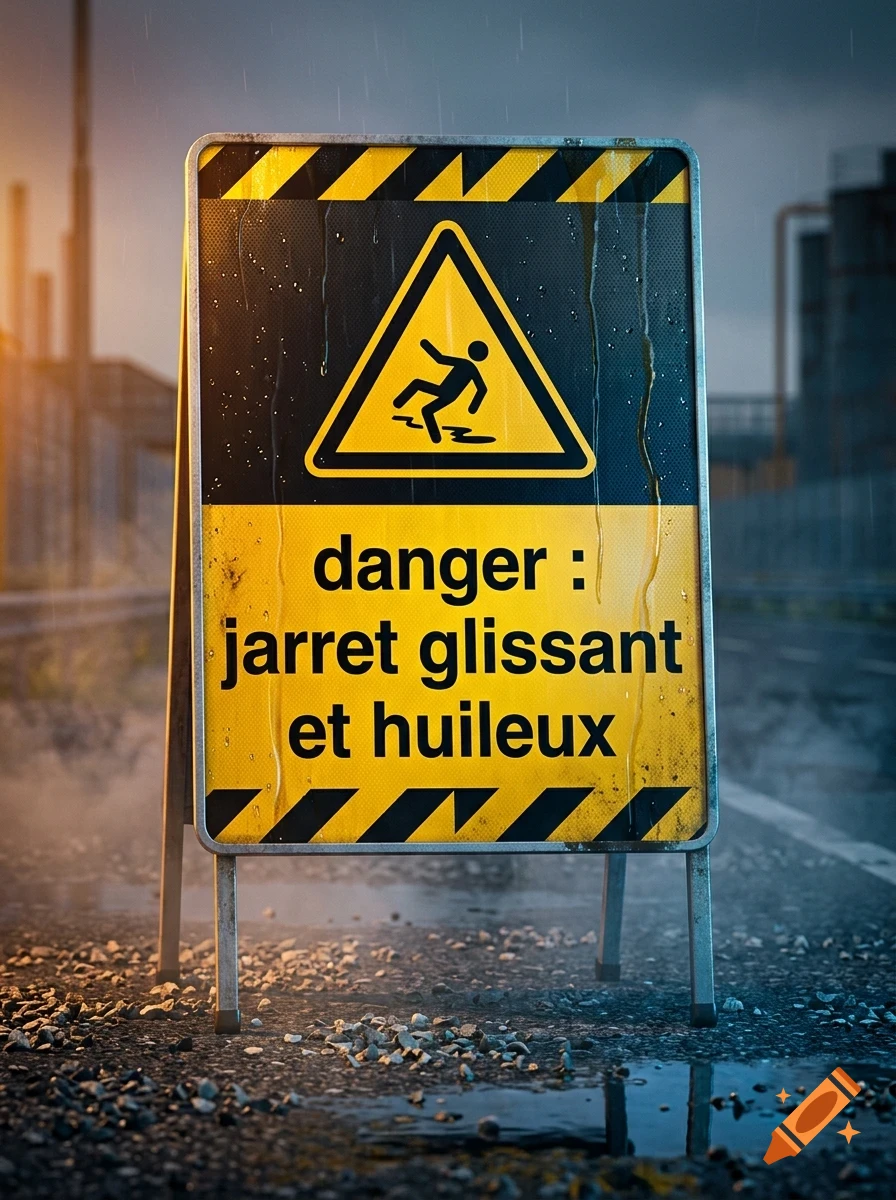 A wet yellow and black danger sign on legs standing on the ground outdoors, featuring a symbol of a slipping person and French text.