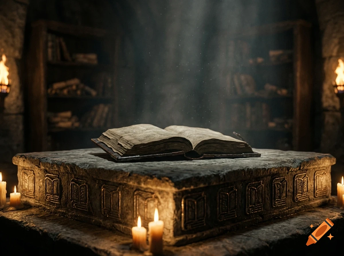 An open antique book resting on a large stone altar in a dimly lit, candlelit medieval library with bookshelves in the background.