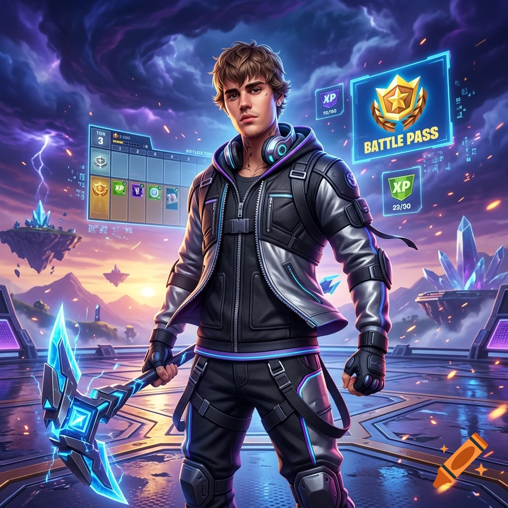 Digital art of a male character resembling Justin Bieber in Fortnite style, holding a futuristic pickaxe in a floating island arena.