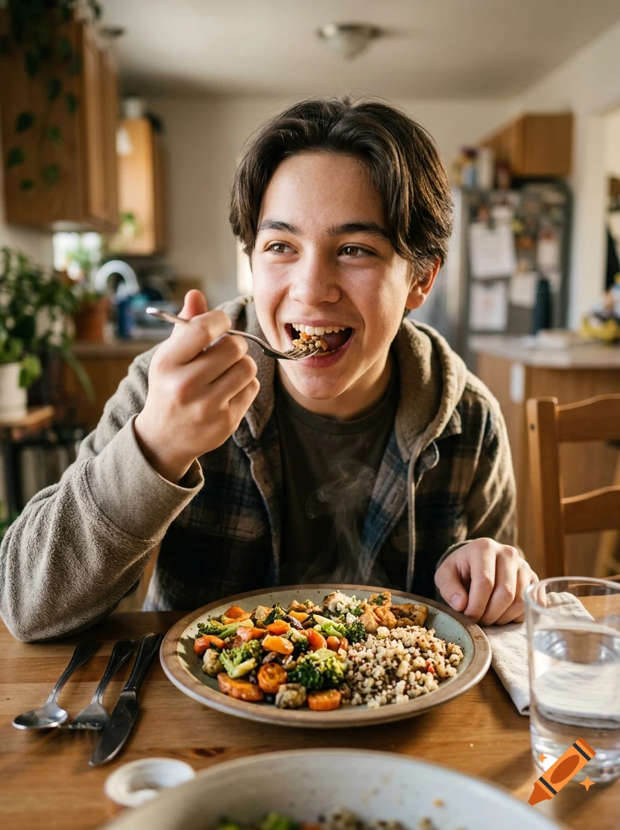 A young person eating a bowl of vegetables and grains at a dining table, photorealistic.