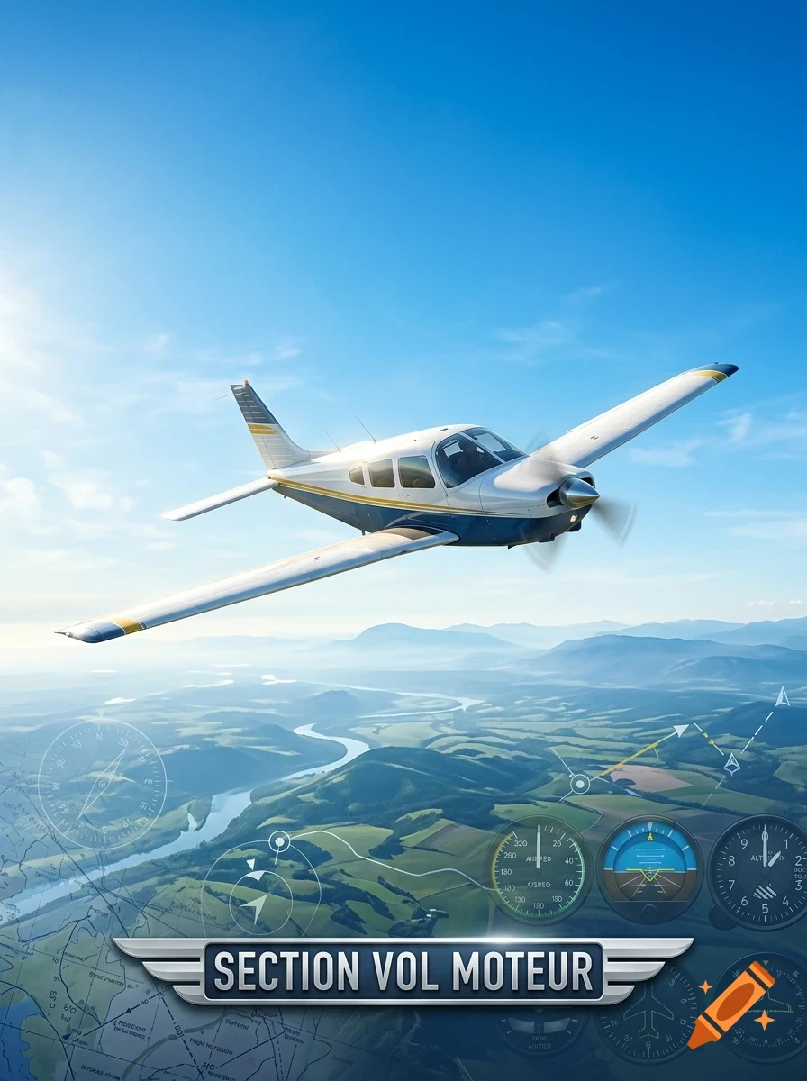 A small single-engine airplane in flight over a landscape with mountains and a river, featuring navigational overlays and instrument dials.