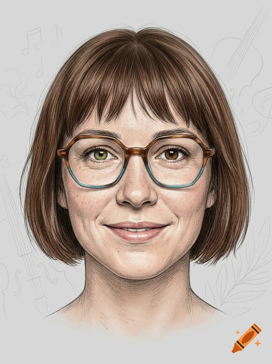 An illustrated portrait of a smiling woman with short brown hair, freckles, and distinctive multicolored eyes wearing hexagonal glasses.