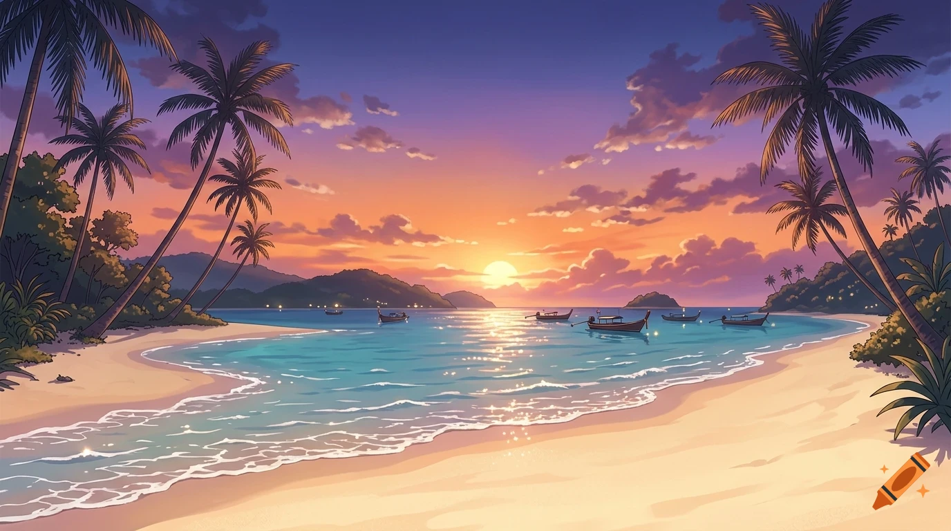 An anime-style illustration of a tropical beach at sunset with calm turquoise water, sandy shore, palm trees, and small boats floating in the bay.