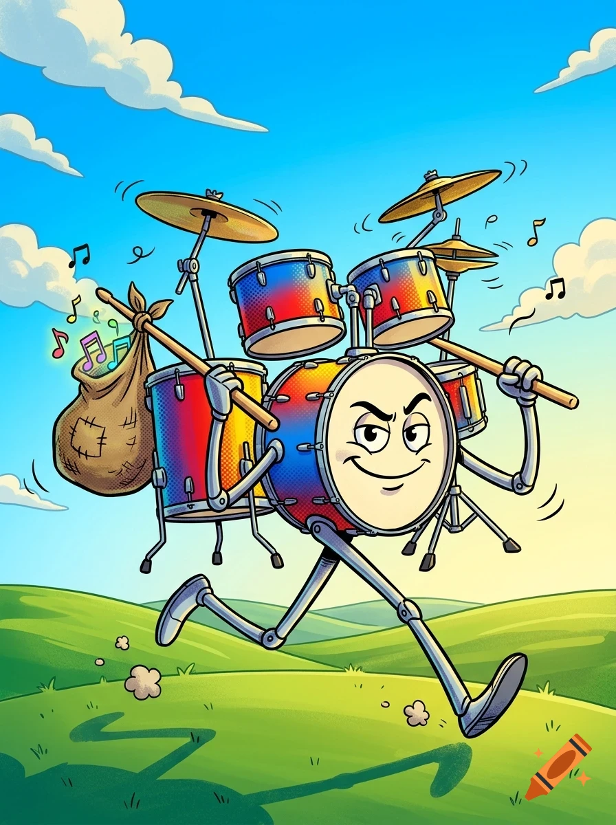 An anthropomorphic drum kit character with legs and arms running across a grassy field while carrying a bag of musical notes.