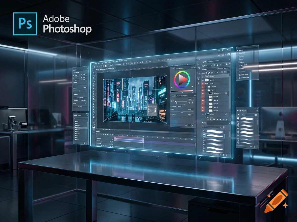 Futuristic workstation with floating holographic Adobe Photoshop interface panels in a dark glass office.