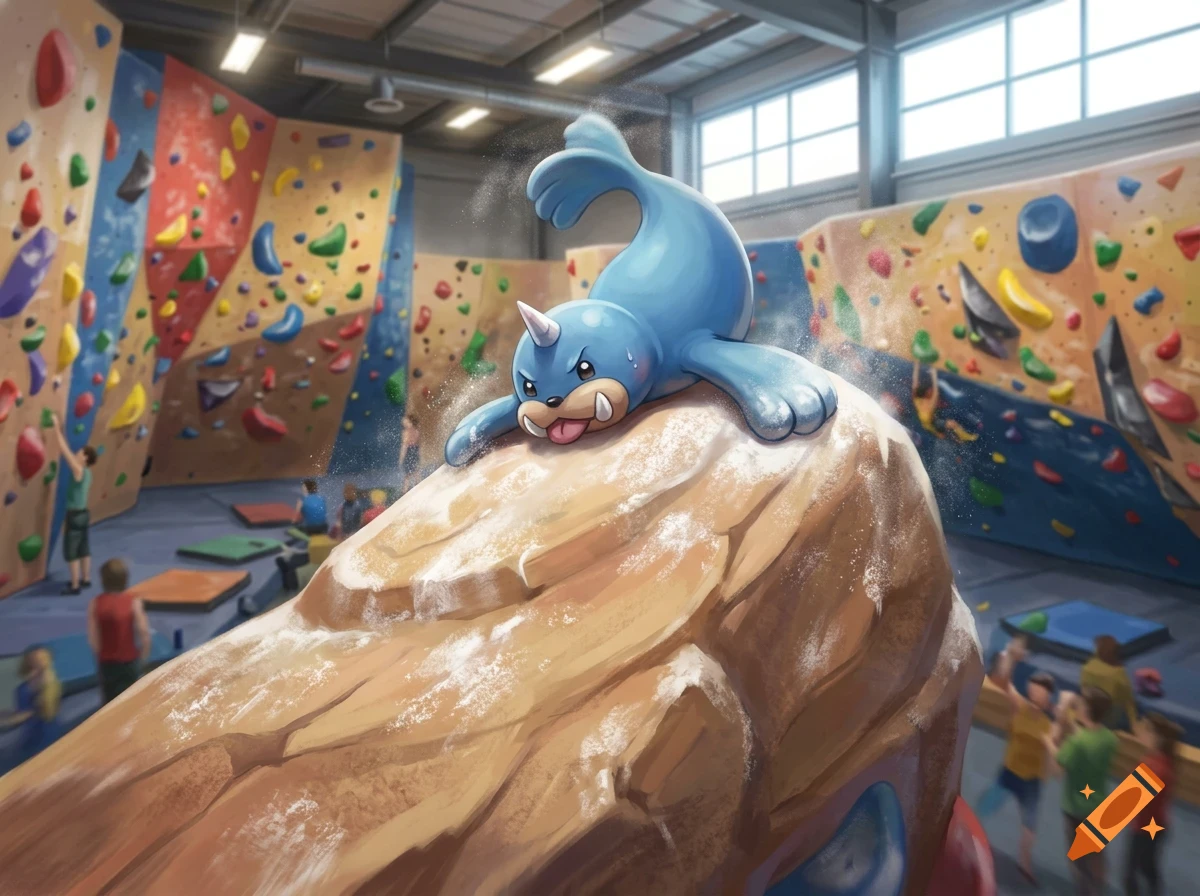 A cartoon blue seal-like creature with a horn and tusks rests on top of a climbing wall formation inside an indoor bouldering gym.