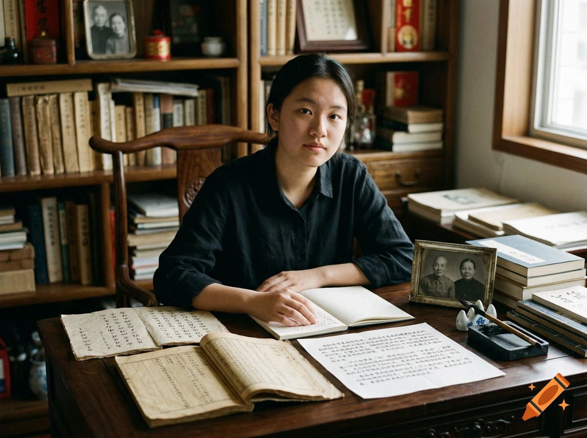 A young woman sitting at a wooden desk with open books, traditional Chinese calligraphy paper, and family photographs in a study.