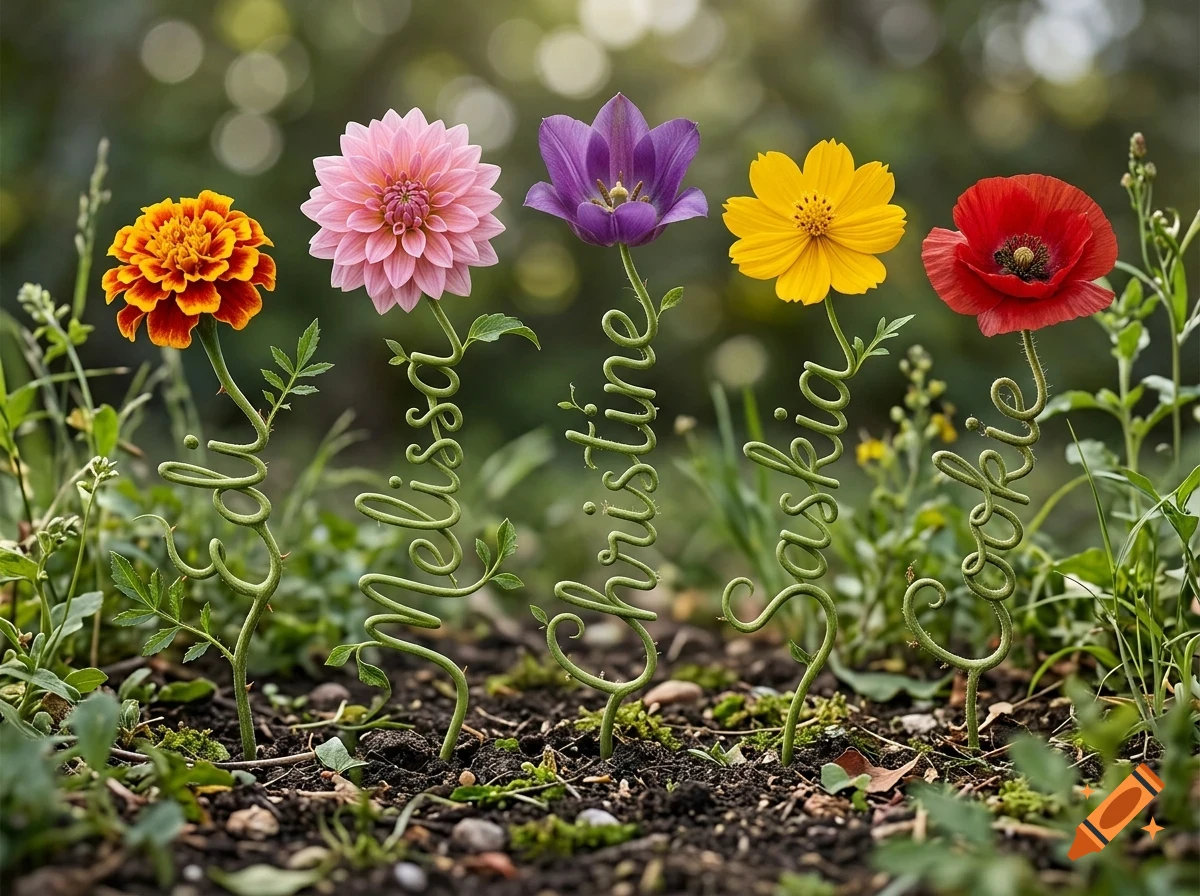 Five different colorful flowers with stems shaped into cursive lettering standing in a garden bed.