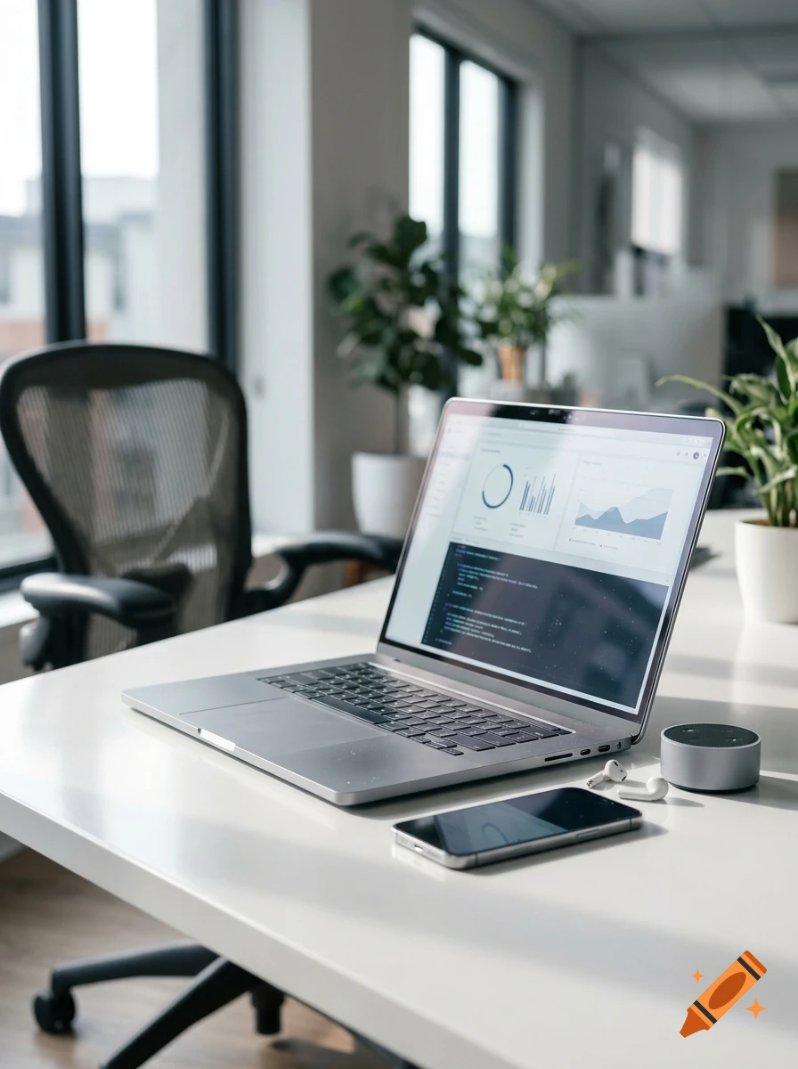 Photorealistic modern office desk with an open laptop showing data charts, a smartphone, wireless earbuds, and an office chair.