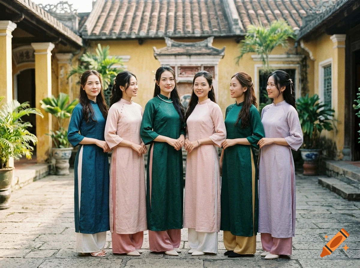 Six young Vietnamese women wearing traditional ao dai dresses standing together in a courtyard.