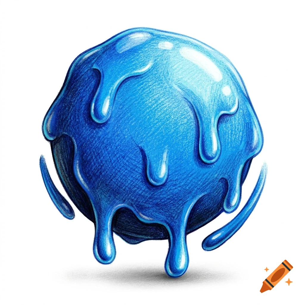 A blue sphere with shiny blue liquid dripping down its surface, drawn in colored pencil.