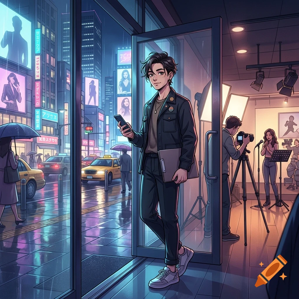 A young man with dark hair holding a smartphone and folder stands in the doorway of a brightly lit television or photography studio overlooking a rainy city street at night.