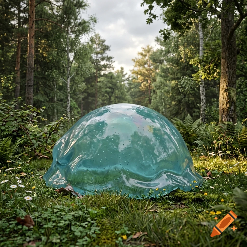 A large translucent blue glass-like dome rests on the forest floor among grass and trees.