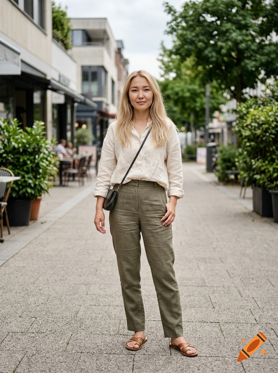 Full-body photorealistic shot of a young blonde woman standing on a pedestrian street with buildings and greenery in the background.