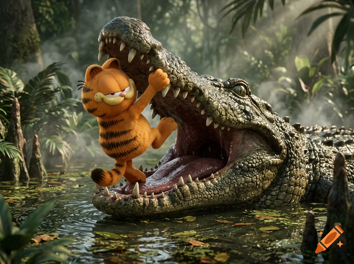 Garfield the cat stands inside the open jaws of a large alligator in a misty swamp.