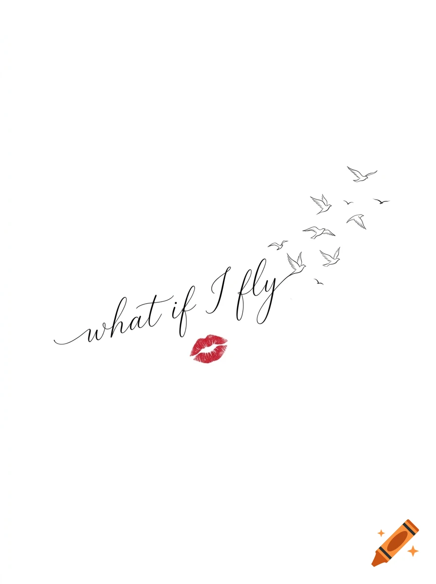 Minimalist tattoo design with the cursive text what if I fly, a red kiss mark, and flying birds.