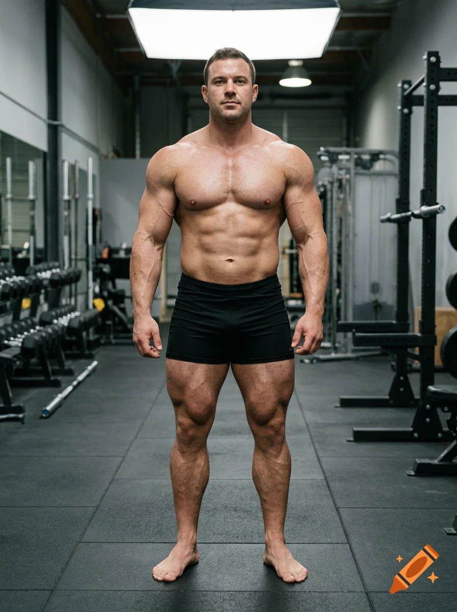Photorealistic full-body portrait of a muscular man standing barefoot inside a gym.