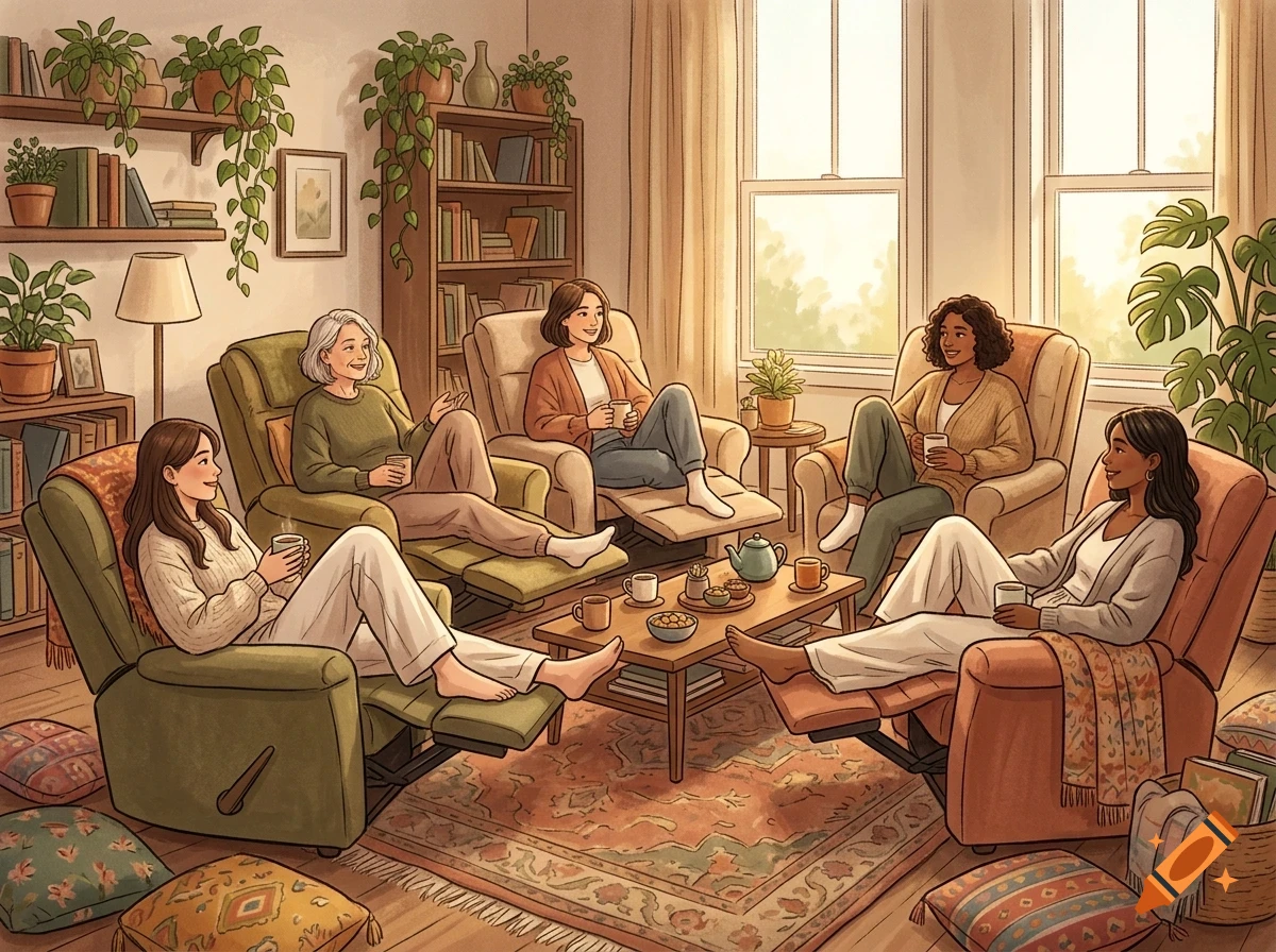 An illustrated cozy living room where a group of women are relaxing in armchairs, drinking hot beverages, and talking together.
