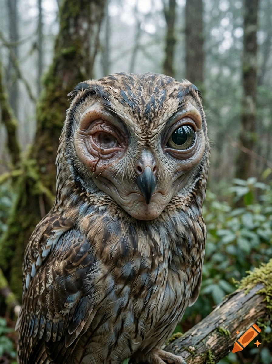 Close-up photorealistic portrait of an owl-alien hybrid perched on a mossy branch in a foggy forest, with a scarred missing left eye.
