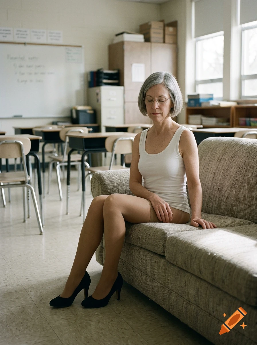 Photorealistic image of a woman with short gray hair and glasses sitting on a sofa in a school classroom.