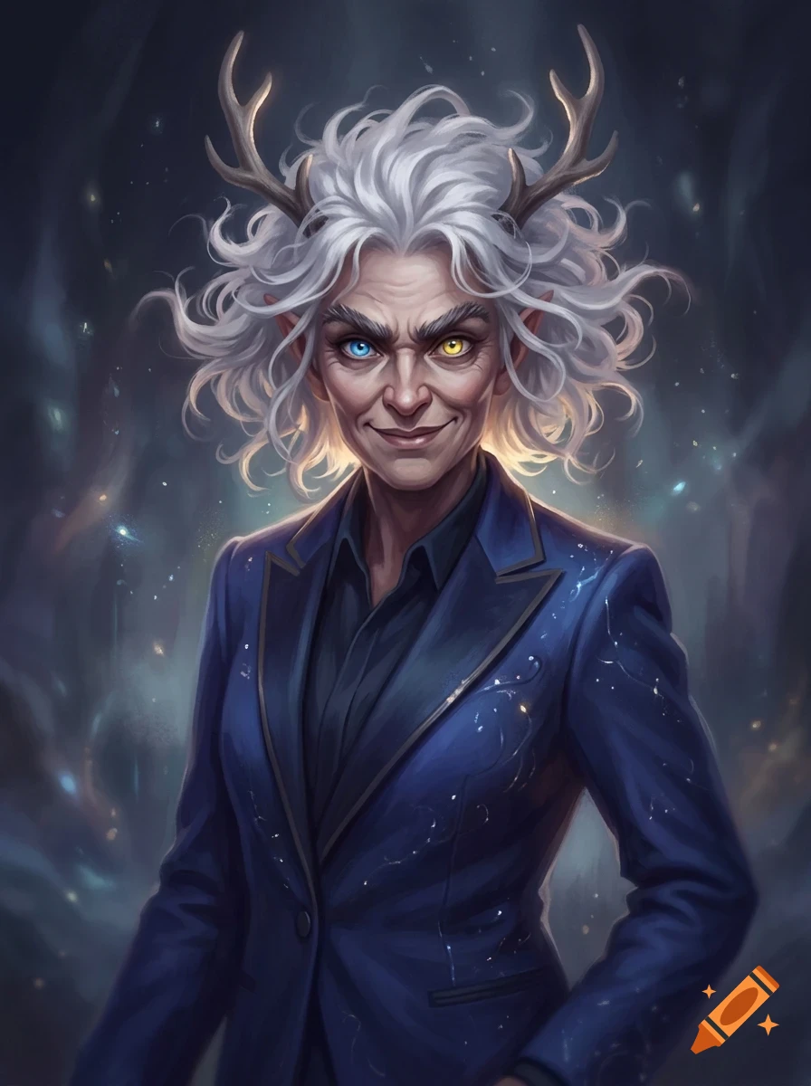 Portrait of a fantasy character with white curly hair, small antlers, heterochromia eyes, and wearing a blue suit jacket.