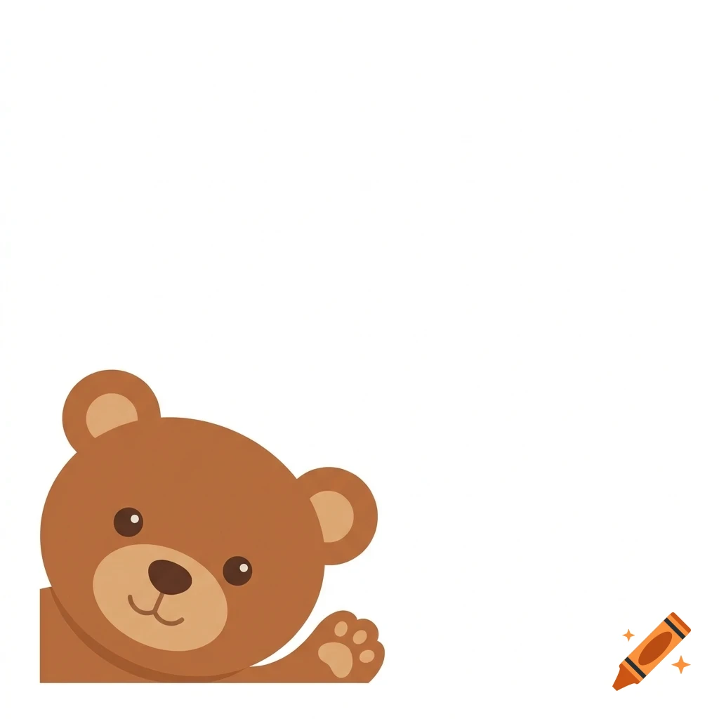 A friendly brown cartoon bear peeking from the bottom left corner and waving a paw against a plain white background.