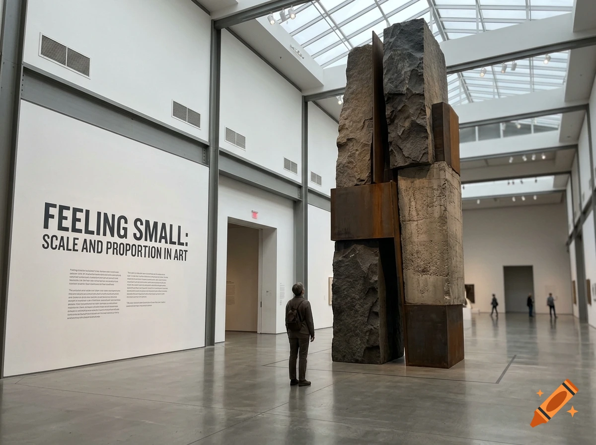 A visitor standing in a large modern art gallery looking at a tall sculptural installation made of dark stone and metal.