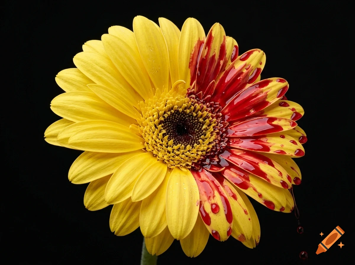 A close-up photograph of a yellow gerbera daisy flower against a black background, with red liquid dripping down some of its petals.