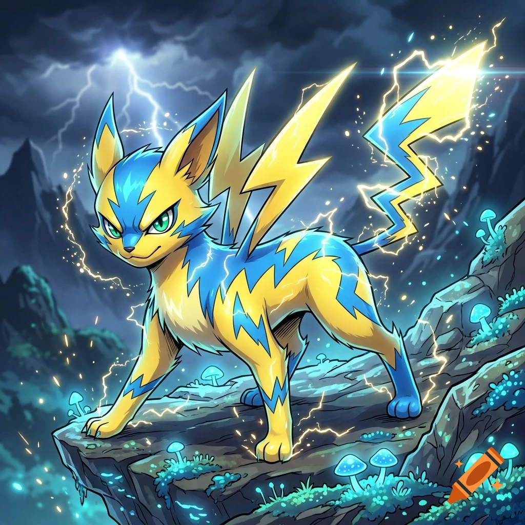 An electric creature with yellow and blue fur, a lightning bolt-shaped tail, and glowing energy stands on a rocky cliff under a stormy sky with glowing mushrooms below.