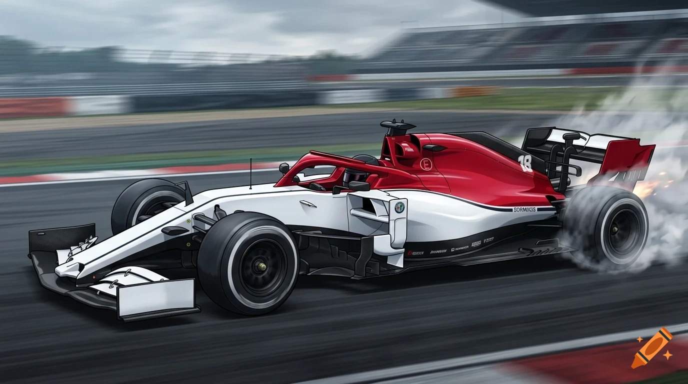 A red and white Formula 1 race car speeds around a track, with smoke billowing from its rear tires.