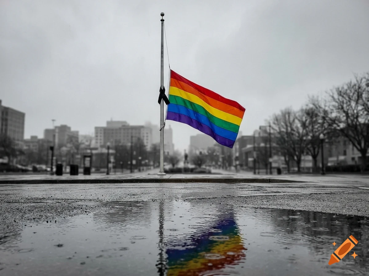 A vibrant rainbow flag flies at half-staff on a flagpole with a black ribbon tied to it, against a desaturated city backdrop and a wet pavement with a reflection.