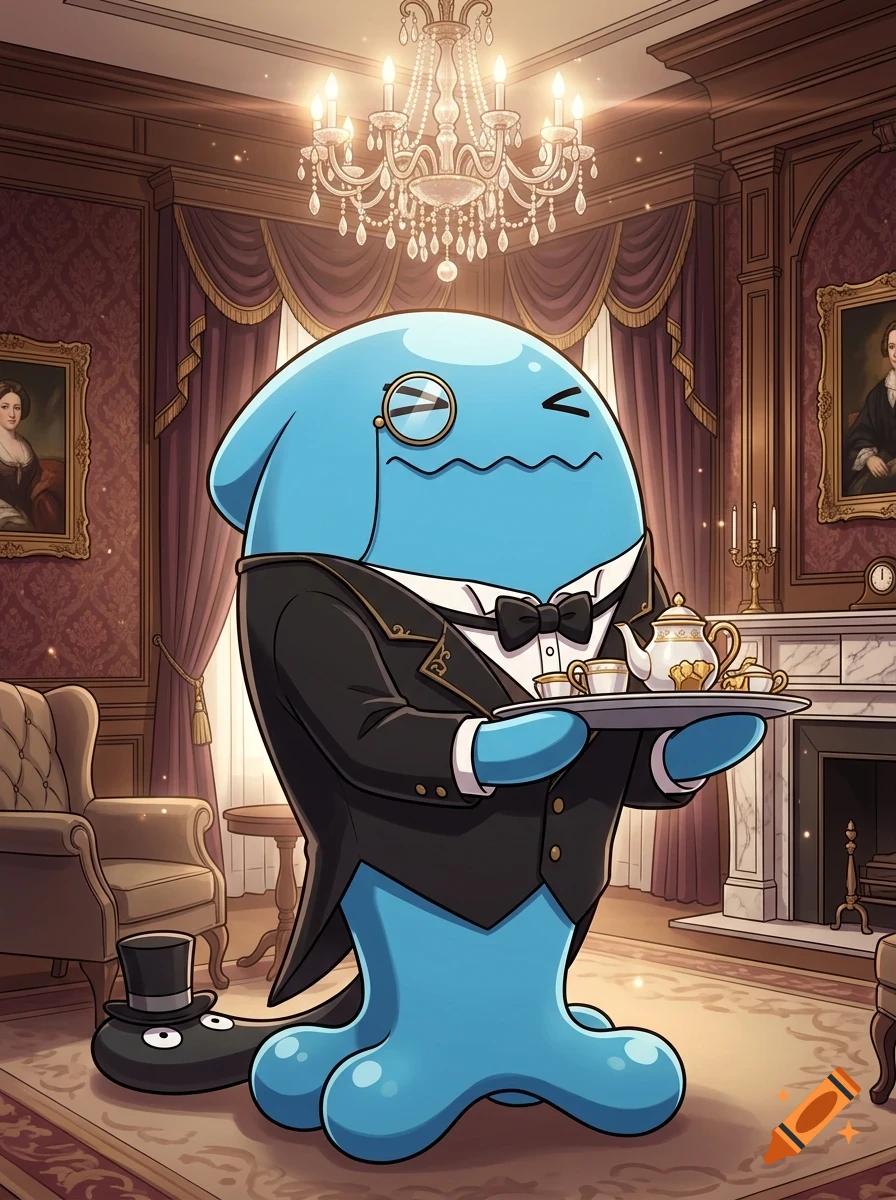 A blue cartoon character wearing a tuxedo and monocle holds a tray with a teapot in a grand, Victorian-style parlor.