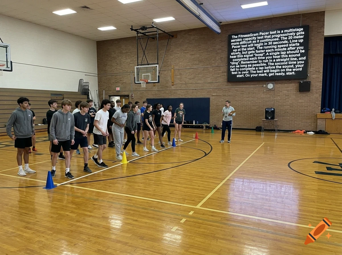 A group of students lined up in a school gymnasium for a fitness test, facing a teacher with a digital display showing instructions.