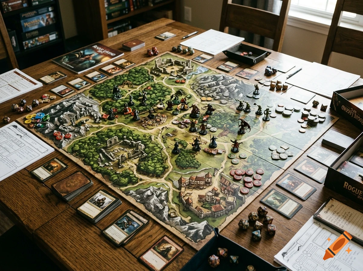 An overhead shot of a tabletop board game featuring a fantasy map, miniature figures, cards, dice, and character sheets arranged on a wooden table.