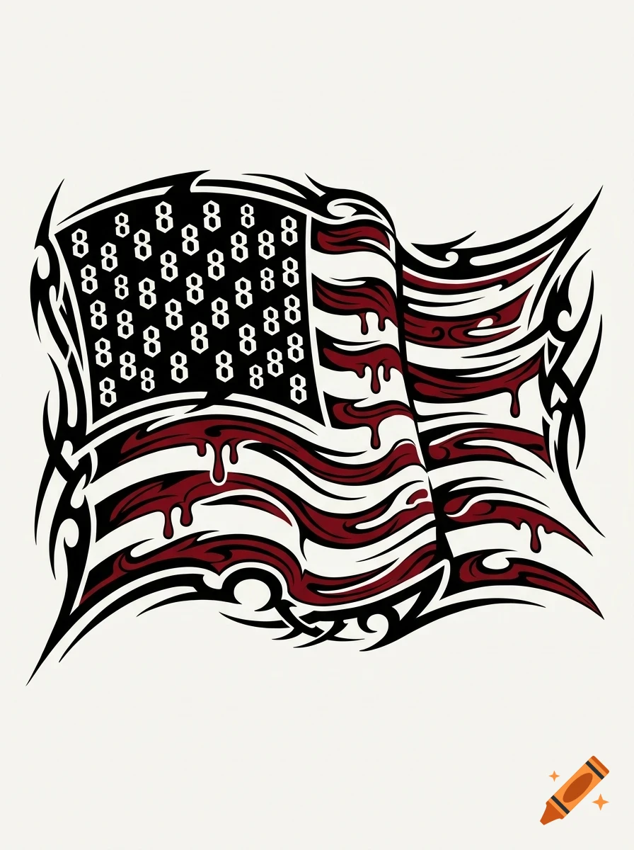 A stylized illustration of an American flag with a tribal flame design, featuring repeating number eights in place of stars on a black field.
