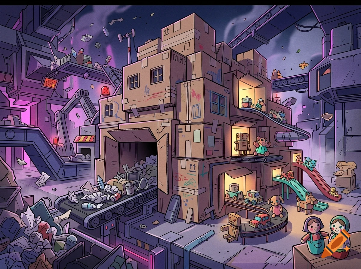 An anime-style illustration of a large cardboard structure functioning as a recycling factory, with conveyor belts and toys.