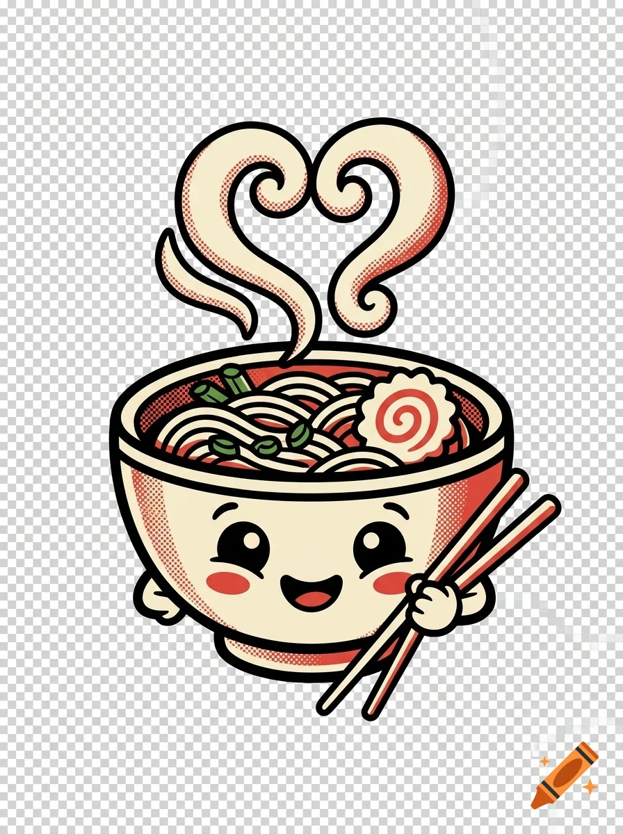 A cute vector cartoon illustration of a smiling ramen bowl holding chopsticks, with heart-shaped steam rising from the noodles.