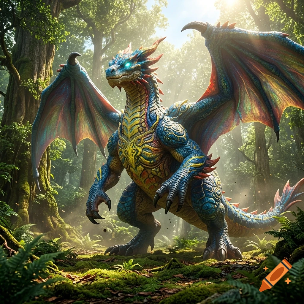 A large, colorful blue and yellow dragon with glowing eyes stands in a lush green forest filled with tall trees and ferns.
