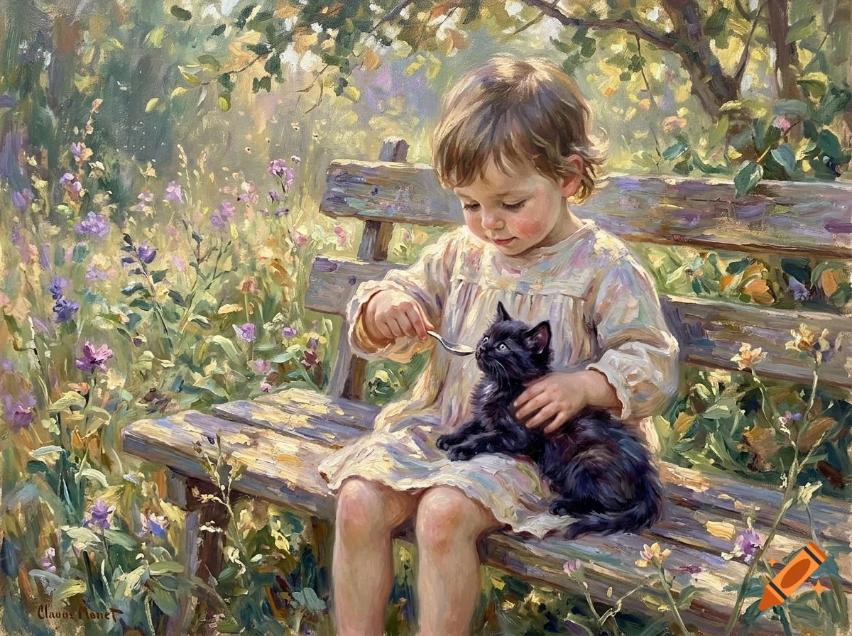 A young child sits on a wooden garden bench, feeding a small black kitten with a spoon amidst a lush, sunlit garden.