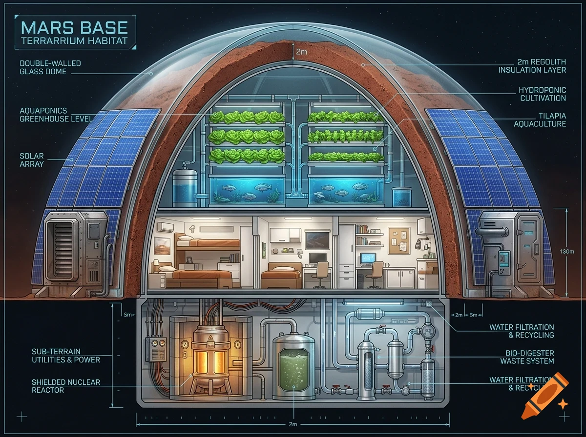 An educational cutaway diagram illustrating the cross-section of a Mars Base terrarium habitat, featuring living quarters, hydroponic cultivation, solar arrays, and sub-terrain power systems.