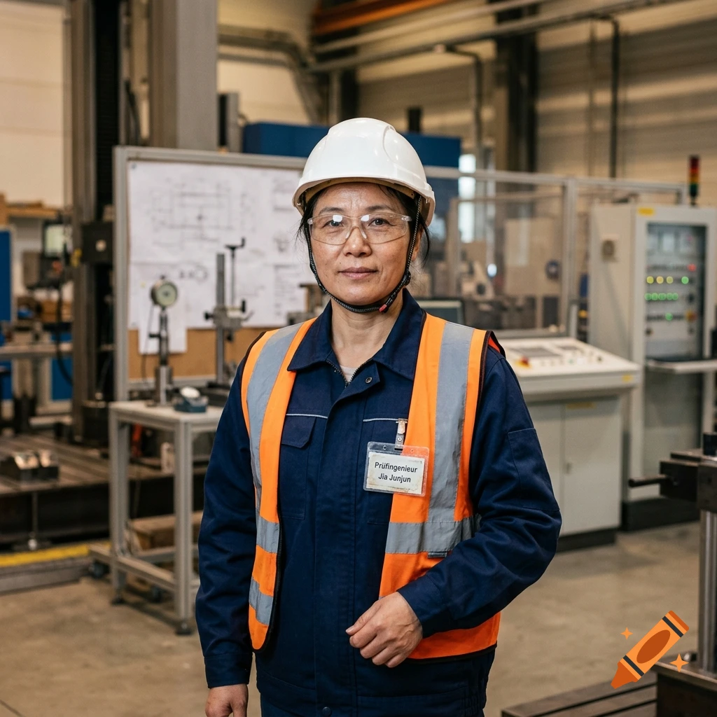 Photorealistic portrait of a female quality engineer wearing a white hard hat, safety glasses, and high-visibility vest inside a factory.