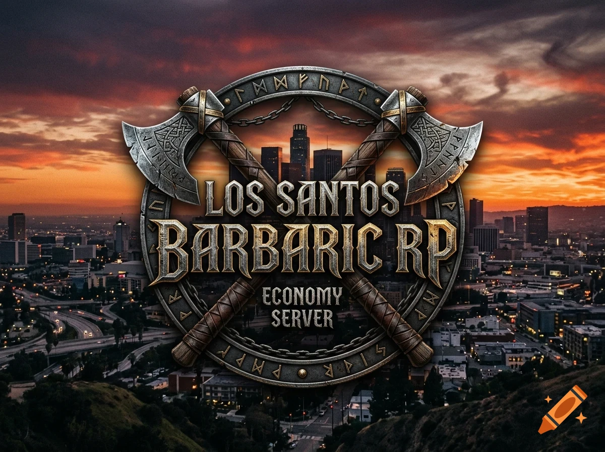 An emblem featuring crossed axes and rune symbols over a cityscape at sunset, with text reading 'LOS SANTOS BARBARIC RP ECONOMY SERVER'.