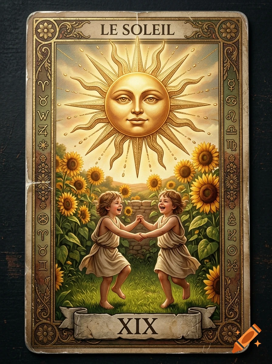 Vintage tarot card depicting two children dancing in a field of sunflowers under a large smiling sun, with the text LE SOLEIL and XIX.
