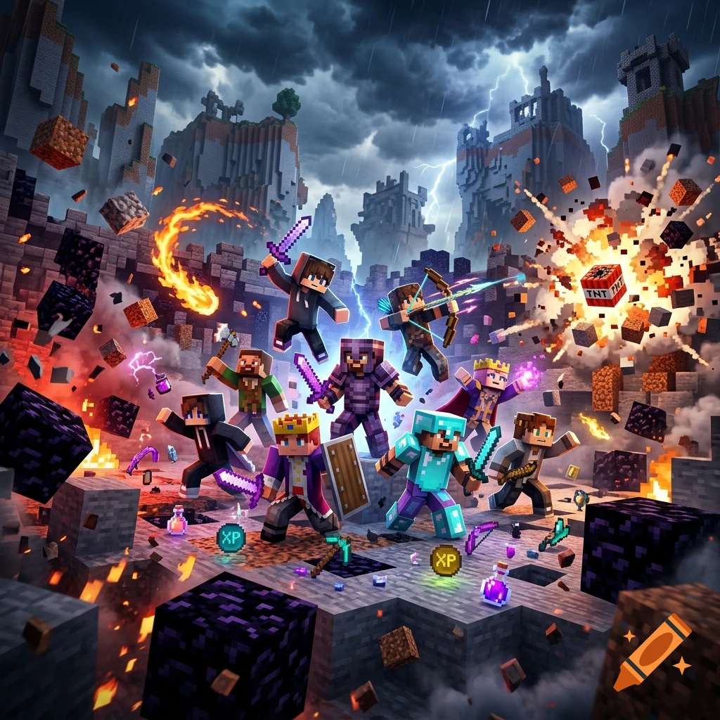 Digital illustration of Minecraft characters fighting in a chaotic battle scene with explosions, fire, and a stormy sky background.