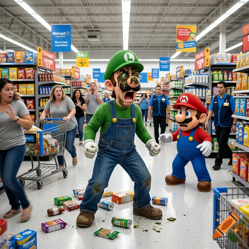 Photorealistic scene of a furious Luigi covered in debris throwing a tantrum in a Walmart aisle, while Mario and shoppers look on in fear.