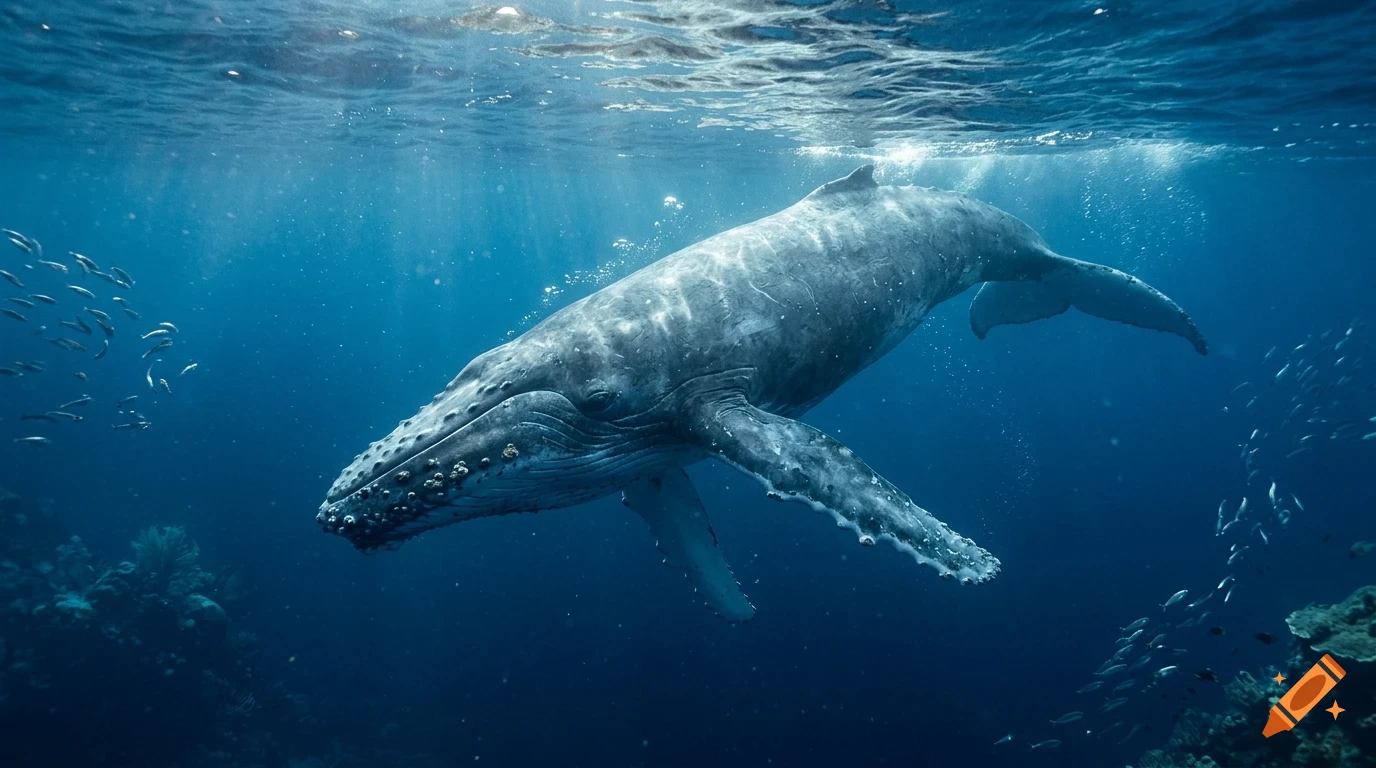 An underwater photograph of a humpback whale swimming gracefully surrounded by small fish in the deep blue ocean.