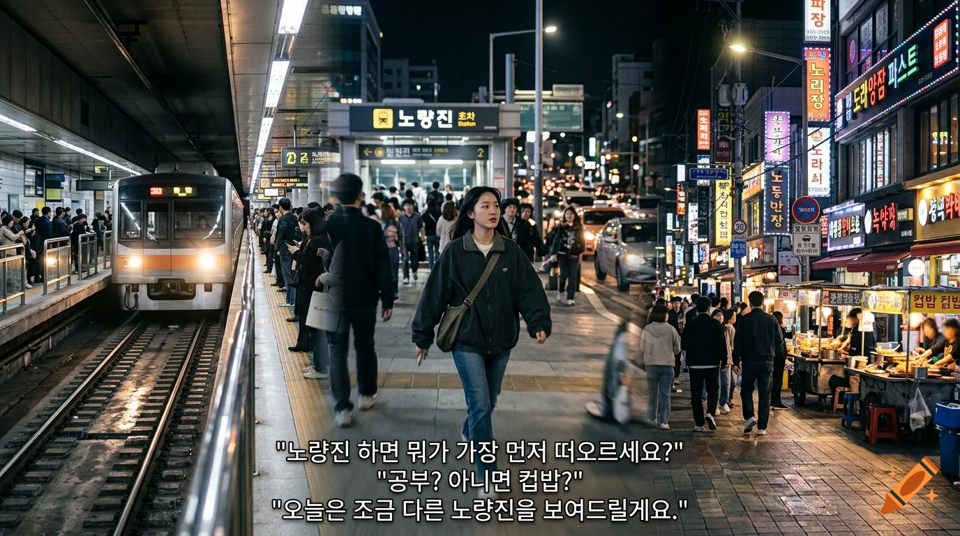 A split composition shows a subway platform with a train on the left and a busy urban street with pedestrians and storefronts on the right at night.