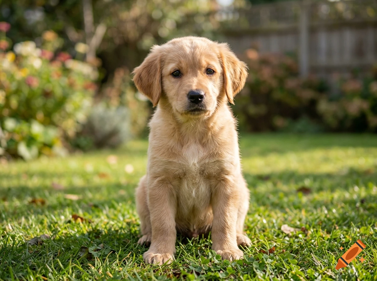 Photorealistic golden retriever puppy sitting attentively on a green grass lawn in a garden.